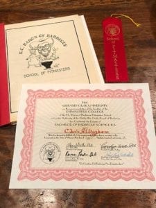 Paul Kirk School of Pitmasters course material, including 2nd place ribbon for pulled pork in mock competition and diploma "signed" by Gary Wells, Carolyn Wells, Remus Powers, and Paul Kirk bestowing the"Bachelor of Barbecue Science" degree...truly a "B.S." degree!