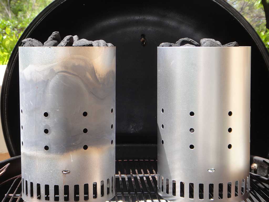 Two Weber chimney starters of 2014 Kingsford (left) and 2015 Kingsford (right).