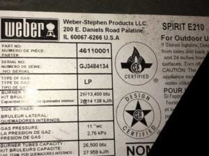 Example of 2015 GJ code on a Spirit E-210