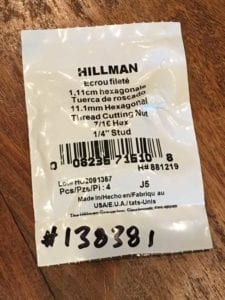 Hillman Thread Cutting Nut 7/16 Hex 1/4" Stud packaging