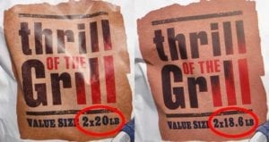 Twin-pak logo on 2014 Kingsford (left) and 2015 Kingsford (right) indicate 1.4 lb (7%) reduction in bag weight.