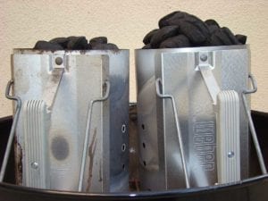 Two Weber chimney starters of "blue bag" Kingsford (left) and new Competition Briquets (right)