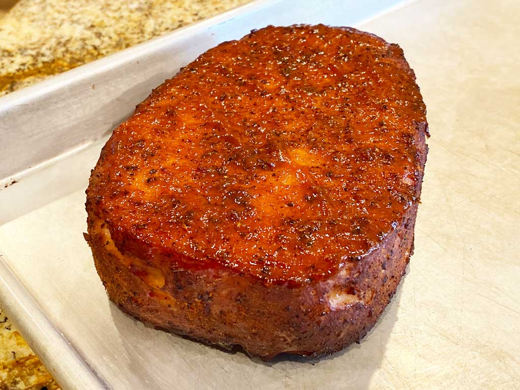 Canned ham brushed with barbecue sauce