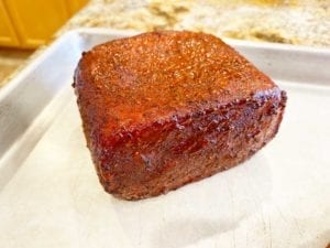Smoked Spam brushed with barbecue sauce