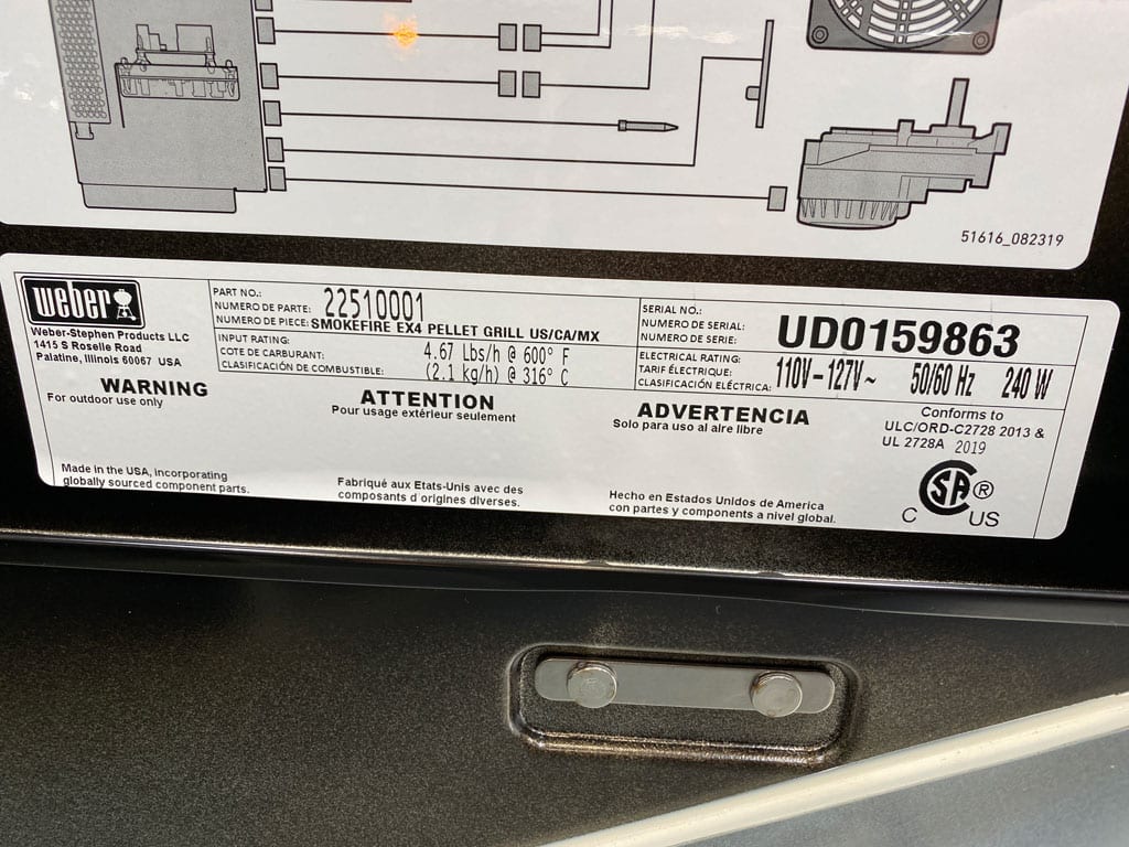 Example of SmokeFire serial number located inside pellet hopper