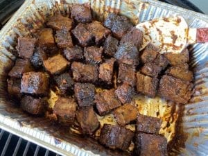Finished brisket burnt ends in sticky, sweet sauce
