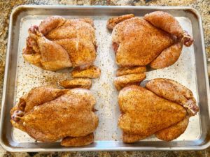 Rubbed and tied Cornish game hens