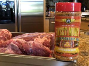 Pork butts with rub shaker