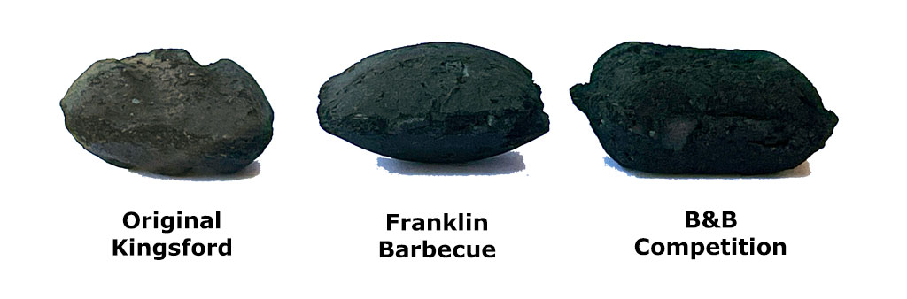 Profile view of Kingsford, Franklin, and B&B charcoal briquets