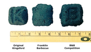 Overhead view of Kingsford, Franklin, and B&B charcoal briquets Original, 2020 Kingsford Original